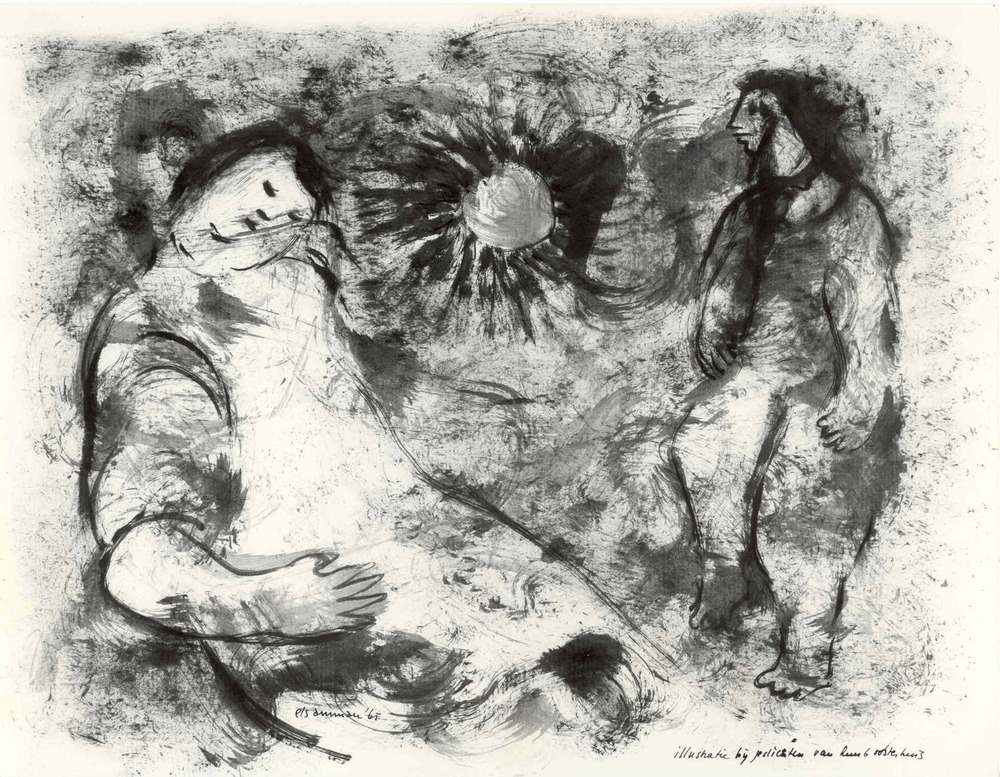 Zon centraal met links en rechts vrouwenfiguur (illustratie bij gedichten van Huub Oosterhuis)